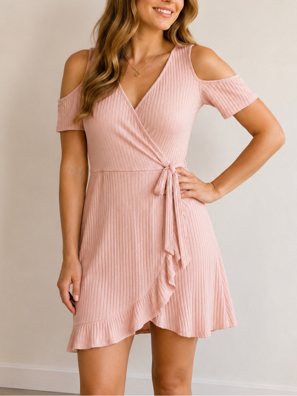 One Clothing Ribbed Cold Shoulder Wrap Mini Dress Pink Small